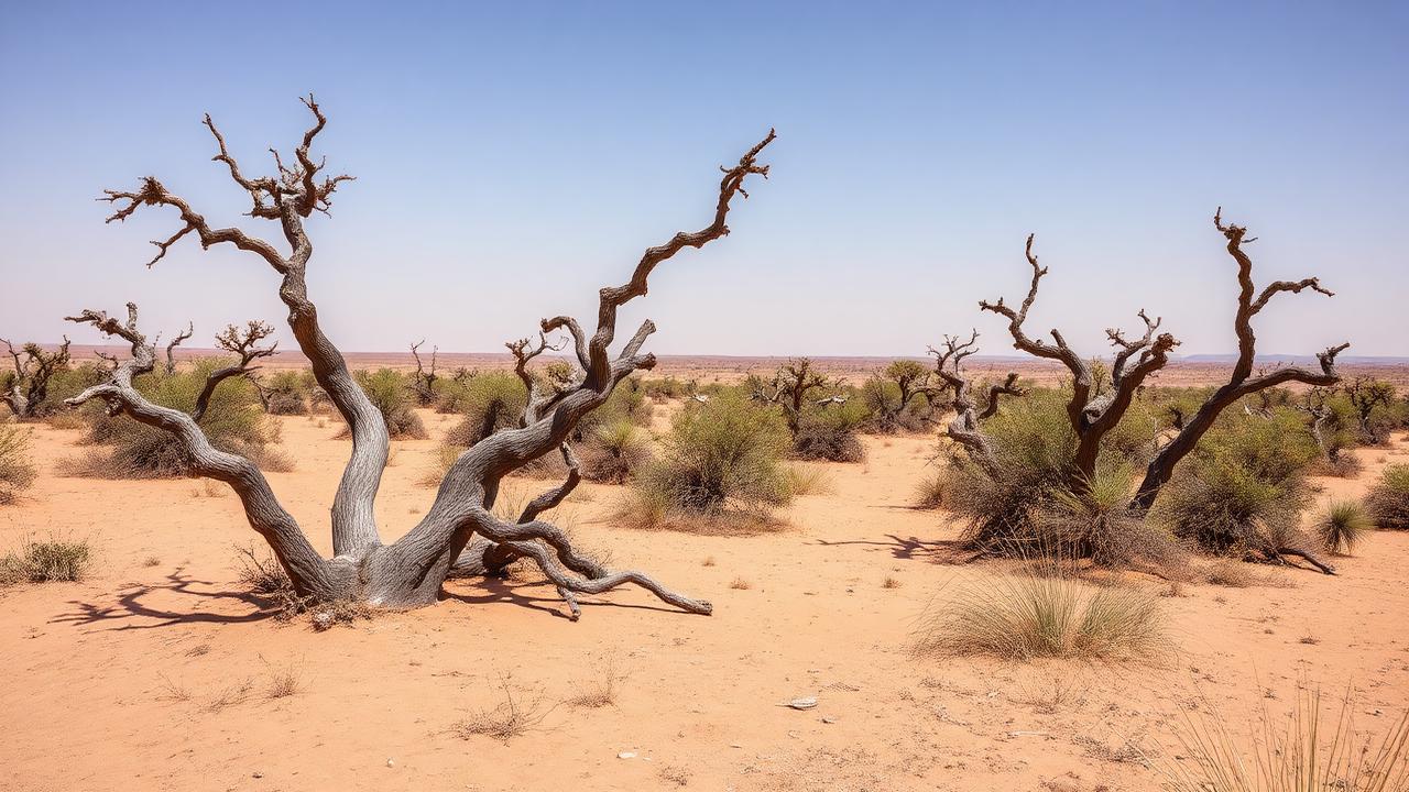 Commiphora épineux à écorce gris-vert sur sol sableux aride de la Corne de l'Afrique.