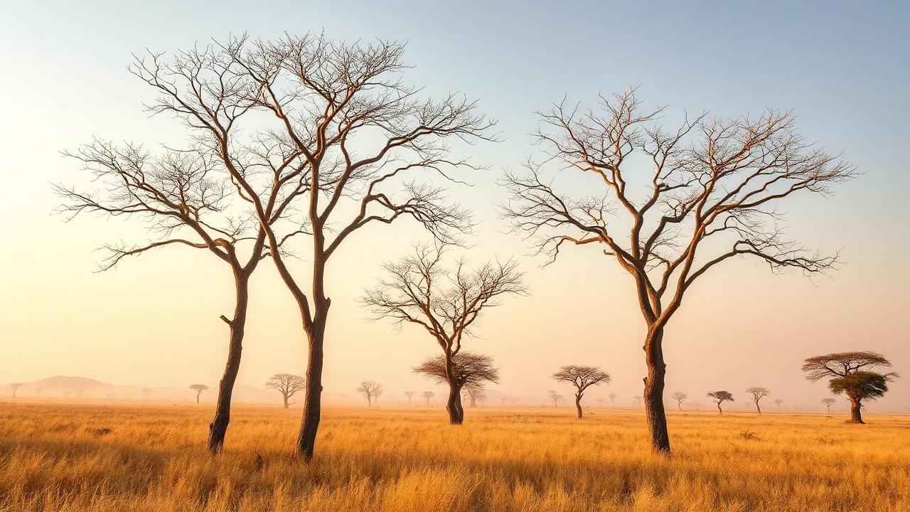 Boswellia papyrifera à écorce claire dispersés dans une savane sèche d'herbes dorées, Éthiopie et Soudan.
