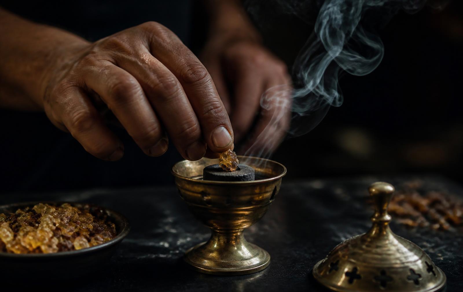 Une main dépose une larme de résine ambrée sur un charbon incandescent dans un brûle-parfum de laiton, filet de fumée blanche dans l'ombre.
