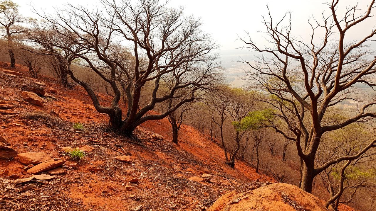Forêt sèche indienne sur collines de latérite rouge, arbres salai à l'écorce pâle desquamée.