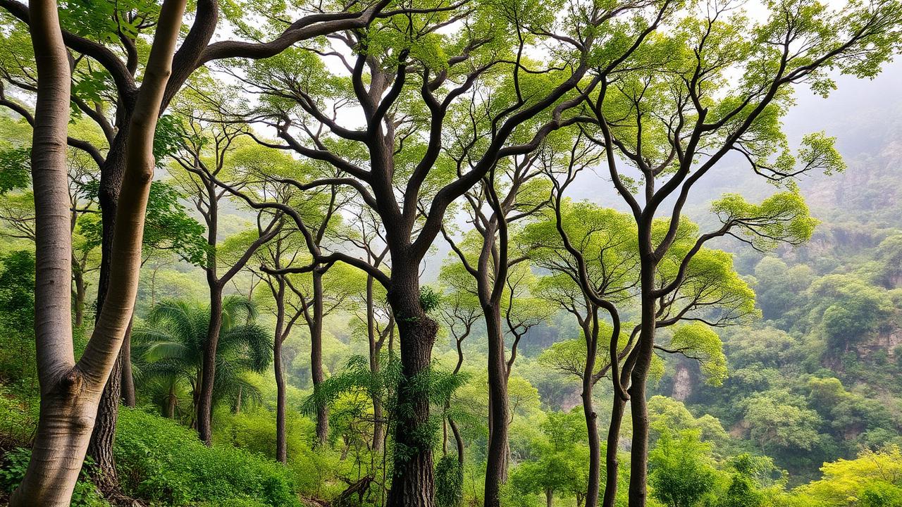 Forêt tropicale sèche du Chiapas, troncs lisses de Protium dans la brume du matin entre collines calcaires.