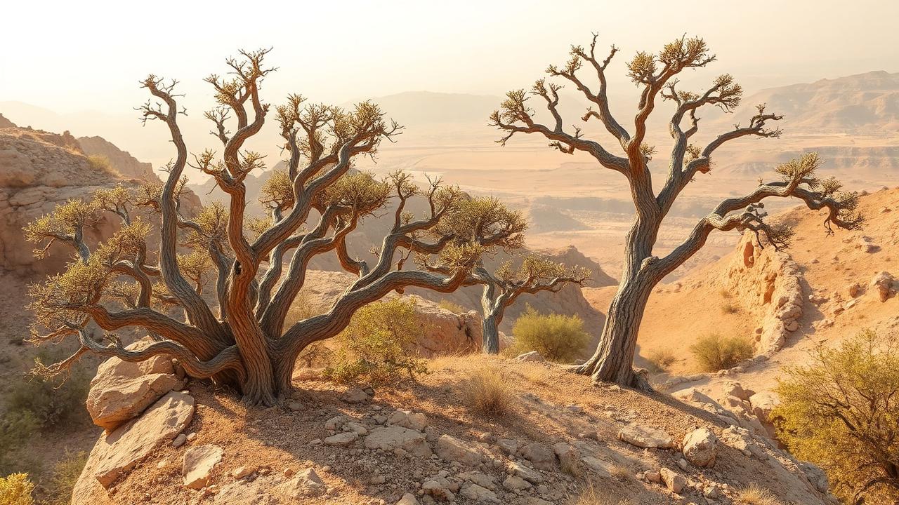 Boswellia sacra noueux accrochés aux pentes calcaires du Dhofar, au-dessus de Salalah, dans la lumière basse du matin.