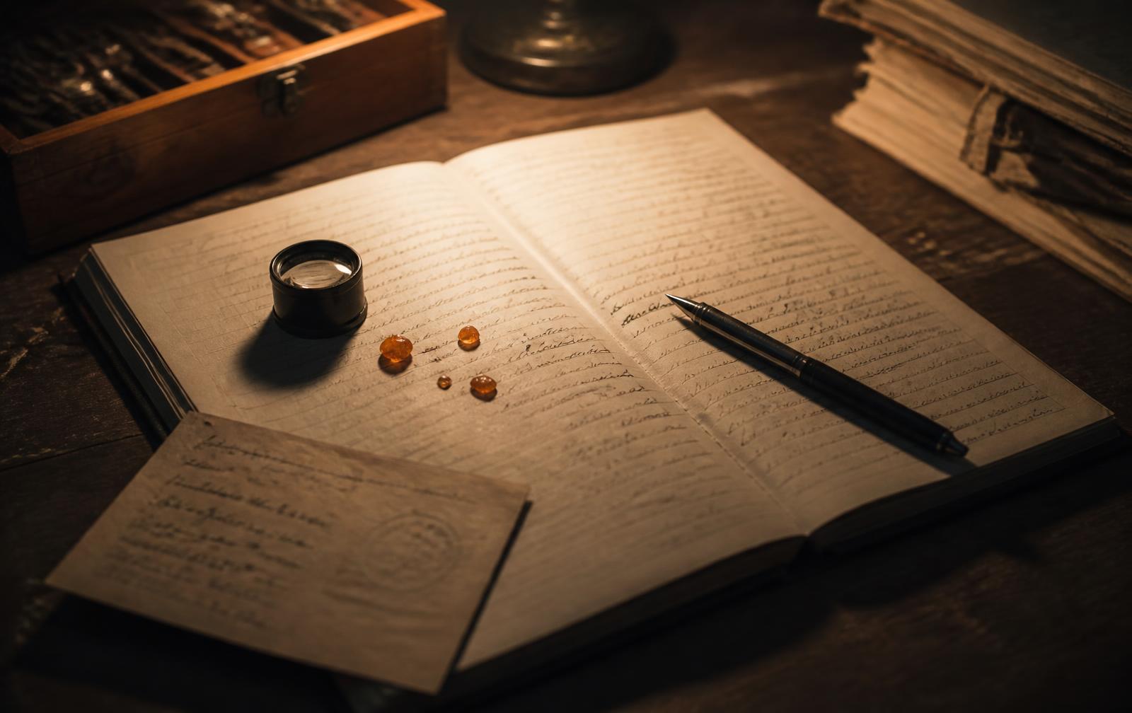Registre manuscrit ouvert sous une lampe chaude, loupe de bijoutier posée près de trois larmes de résine ambrée, stylo et fiche datée.