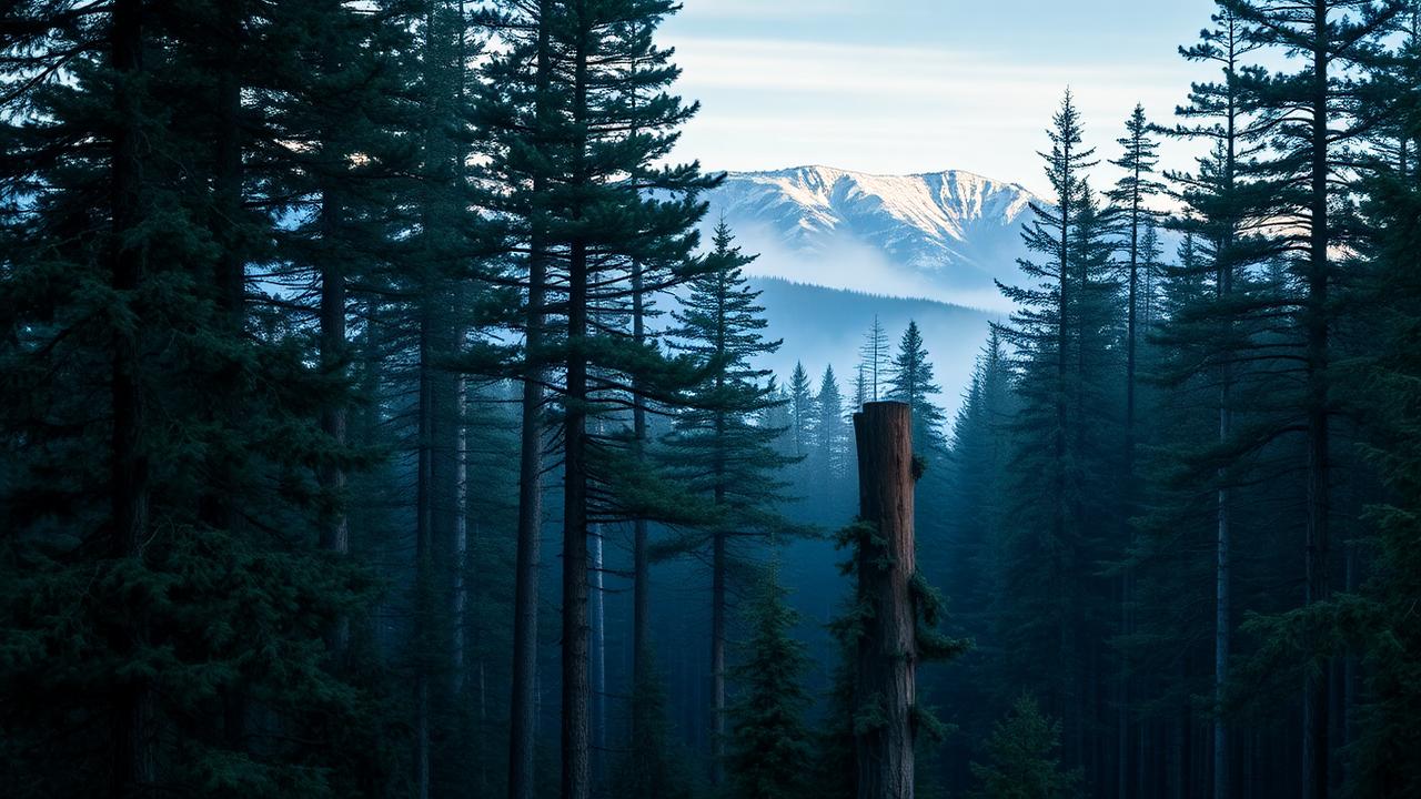 Taïga sibérienne dense de cèdres Pinus sibirica, troncs striés de résine, lumière bleue et froide du matin.