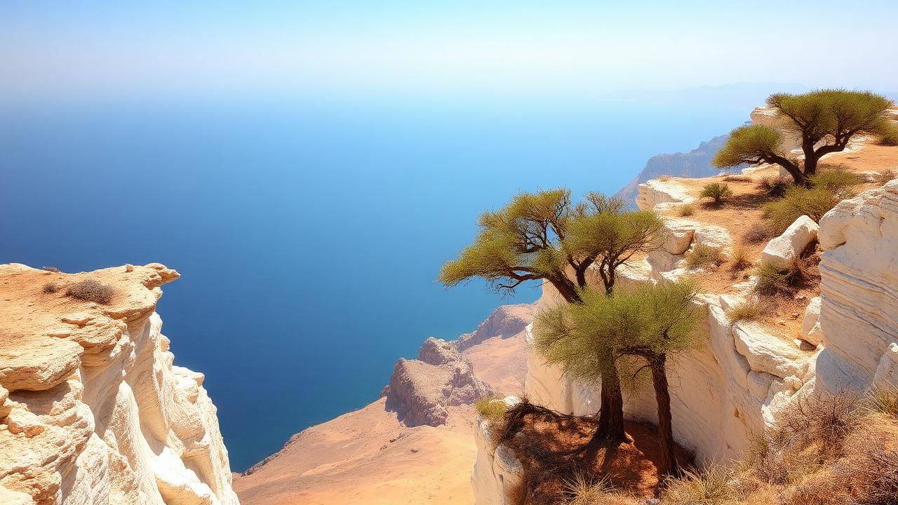 Falaises calcaires blanches du nord de la Somalie plongeant dans le golfe d'Aden, arbres à encens accrochés à la roche.