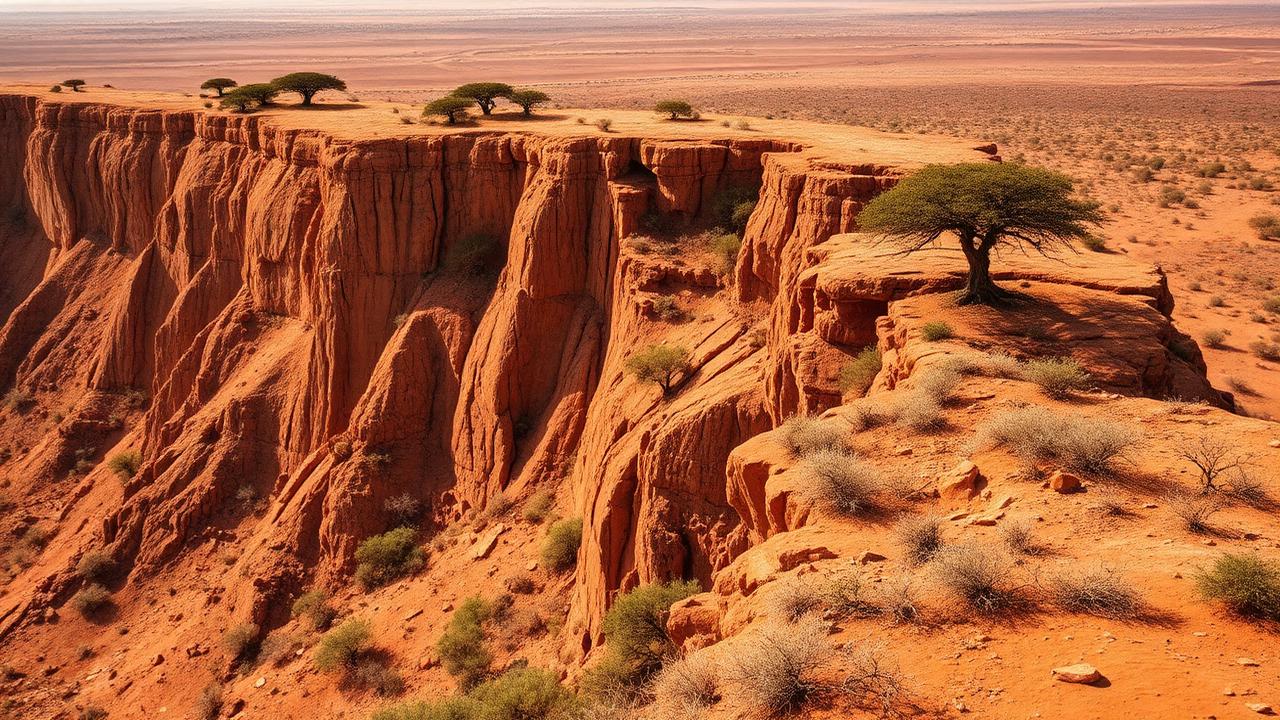 Escarpement de terre rouge des hautes terres du Sanaag, en Somalie, parsemé d'arbres à encens.