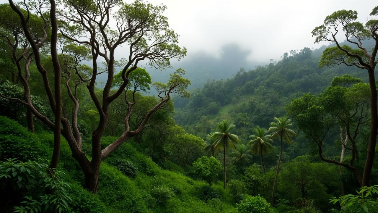 Forêt-jardin humide des hautes terres du nord de Sumatra, collines volcaniques dans la brume.
